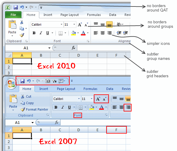 Excel 2010 UI less flashier than 2007