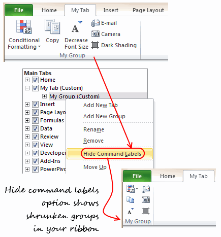Hide Command Labels option in Custom groups - Ribbon customization - excel 2010