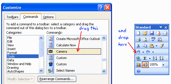 Adding Camera tool to Excel Toolbar