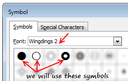 Circle Symbols - Wingdings 2 font - excel