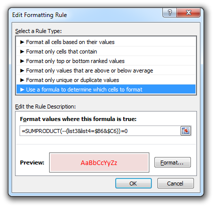 Conditional Formatting rule to compare firstname, last name with another list