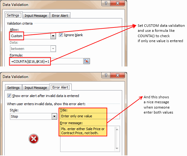 Data Validation Settings for Either Or Input condition in Excel