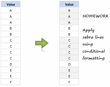 Show Zebra Lines when Value Changes [Excel Conditional Formatting Homework]