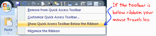 show quick access toolbar below ribbon excel2007