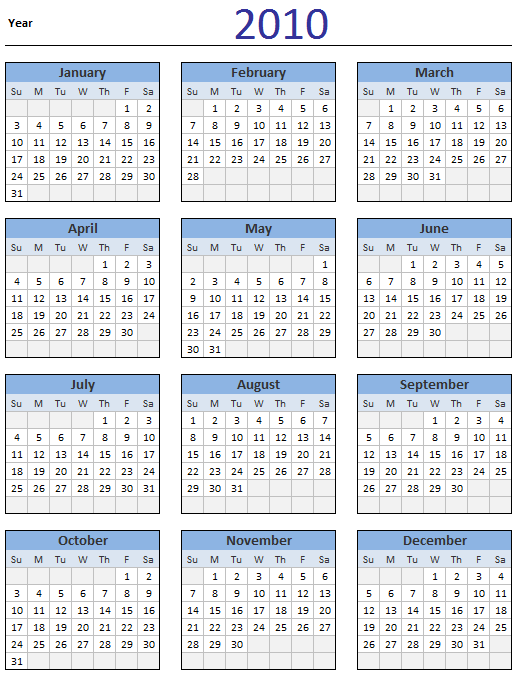 2010 Calendar Printable One Page