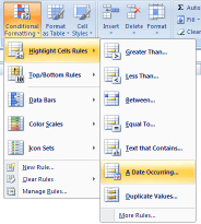 Excel 2007 - Conditional Formatting Dates - menu