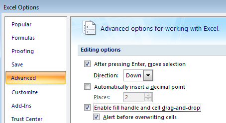 Enable Fill Handle from Excel Options