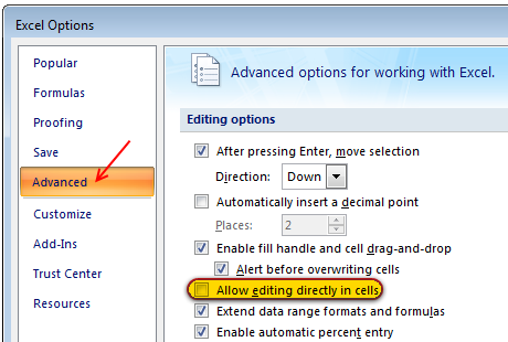 How to disable direct editing mode in Excel - tip