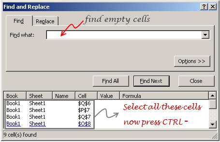 Finding blank cells using FIND dialog