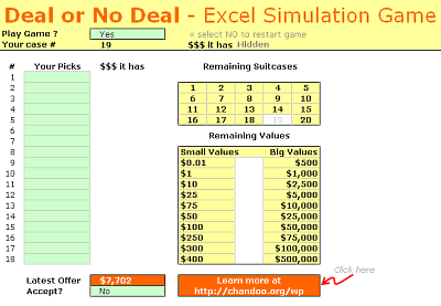 Simulation of Deal or No Deal game in Excel