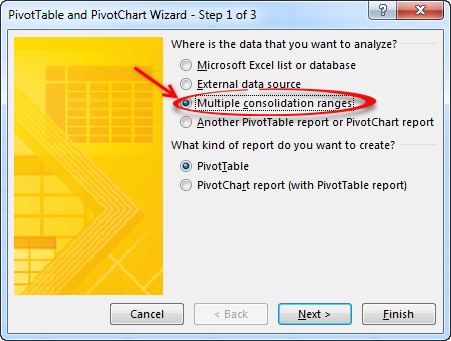 Insert a multiple consolidation ranges - pivot table using Excel