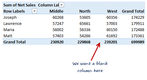 How to insert a blank column in pivot table?