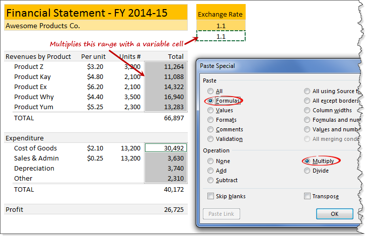 Use Paste Special to multiply (or add, divide etc.) a range with a variable [quick tip]