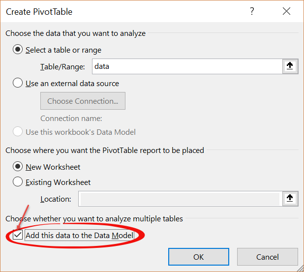 Adding data to model - Excel pivot tables