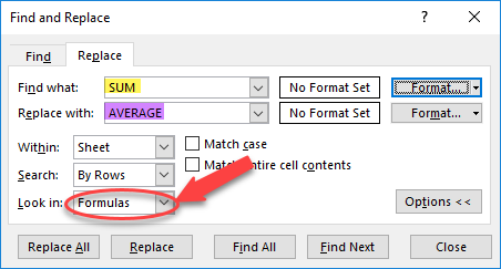 Find replace formulas to change them quickly in Excel.