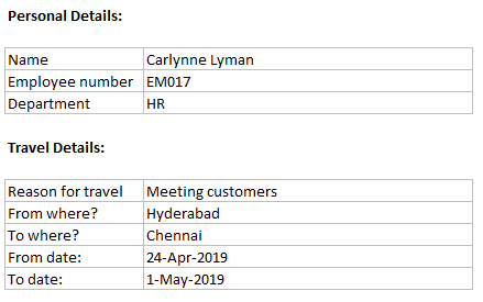 personal details & travel details - sample data