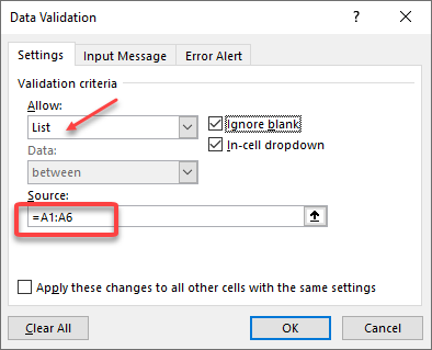 Excel Data Validation - Drop-down settings