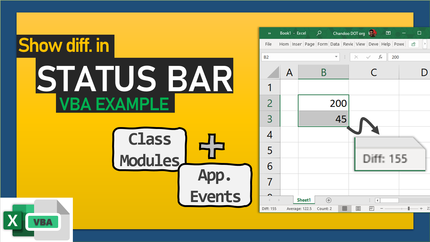 show cell difference in Excel status bar using VBA