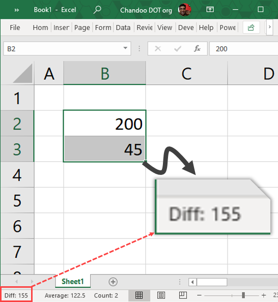 Show difference of selected cells in Excel Status Bar using VBA