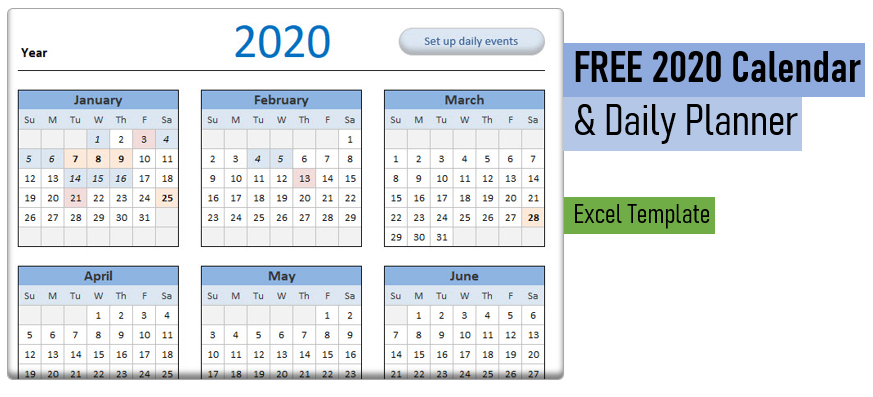 2020 Calendar & Daily Planner - Free Excel Template