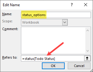 defining a name in excel for our todo status options