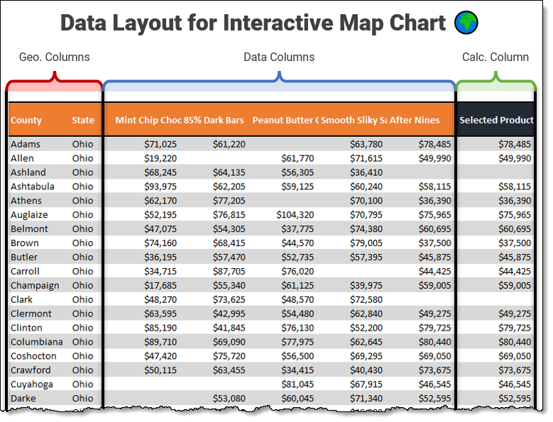 Data layout for the map chart