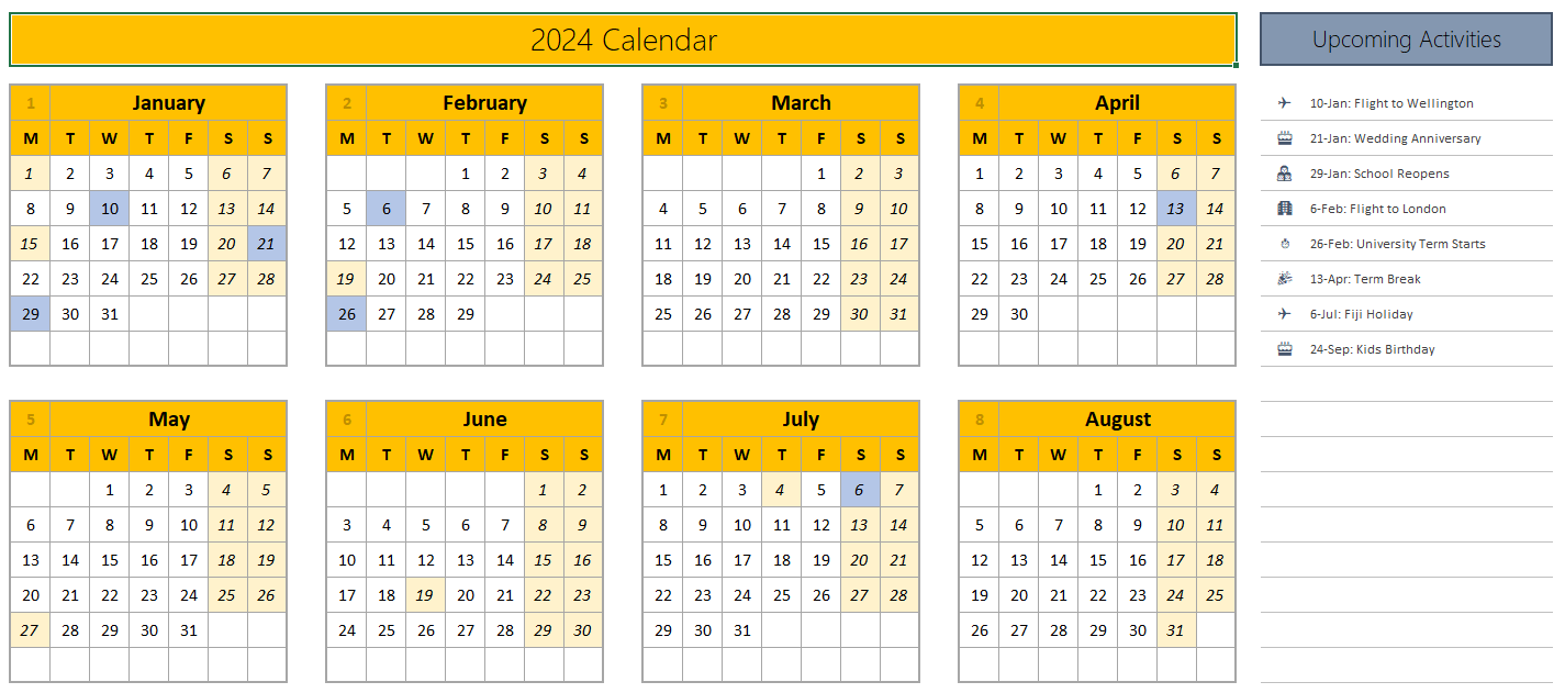 2024 free calendar template in Excel