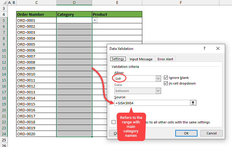 Data validation rule for first or main category