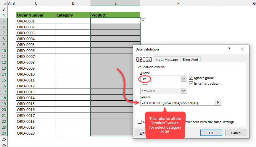 XLOOKUP formula for creating dependent drop down list
