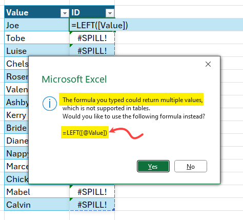 Excel auto correcting the SPILL error in tables