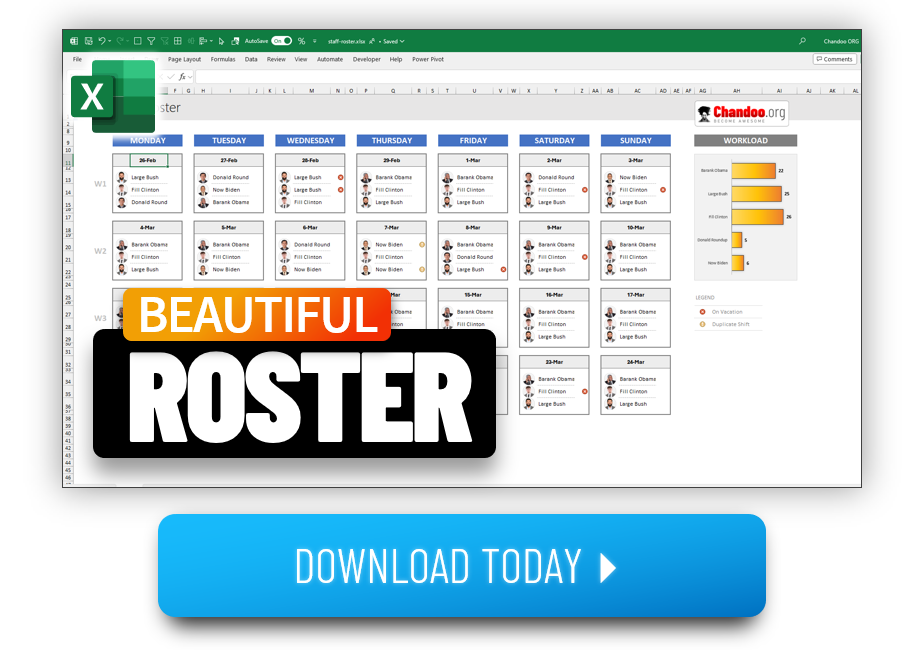 Beautiful 4 week roster template for staff management - Excel