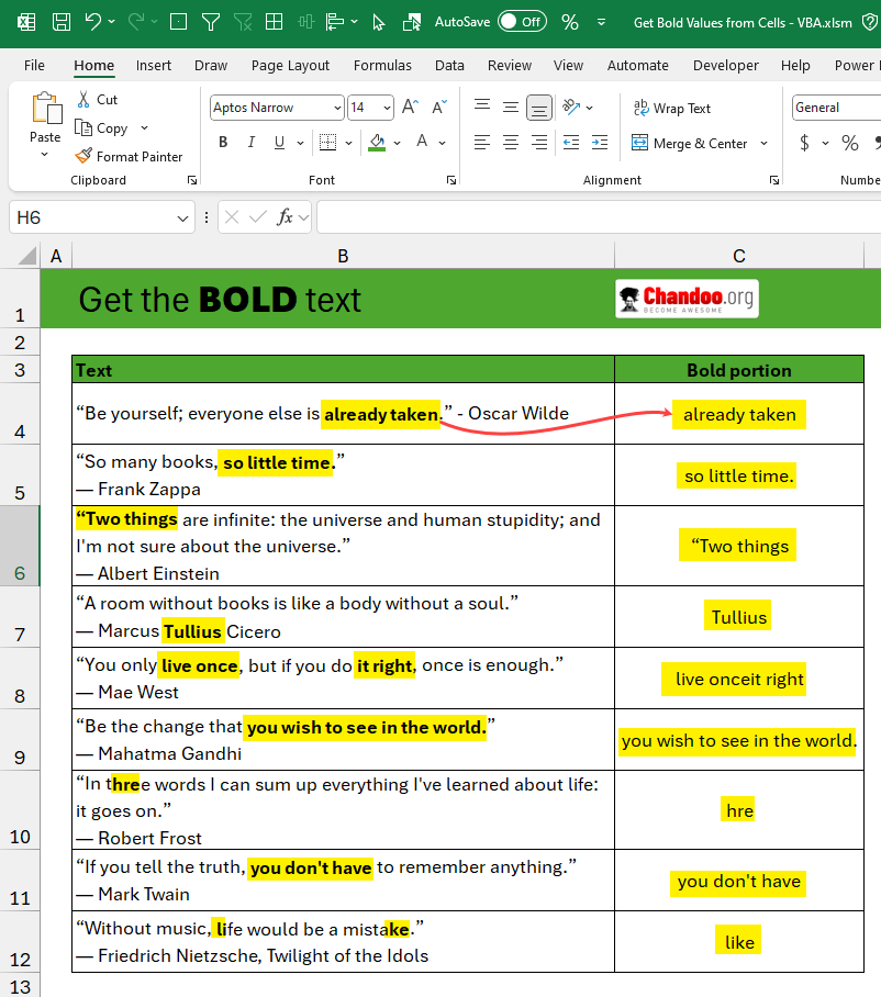 Get all BOLD text out Excel Cells Automatically