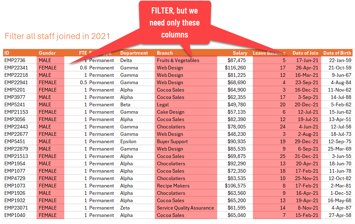 Get Non-adjacent columns with Excel FILTER function