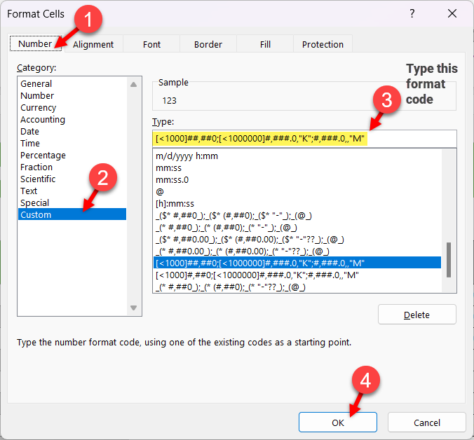 Adding "Custom" format code in Excel - auto format in thousands / millions
